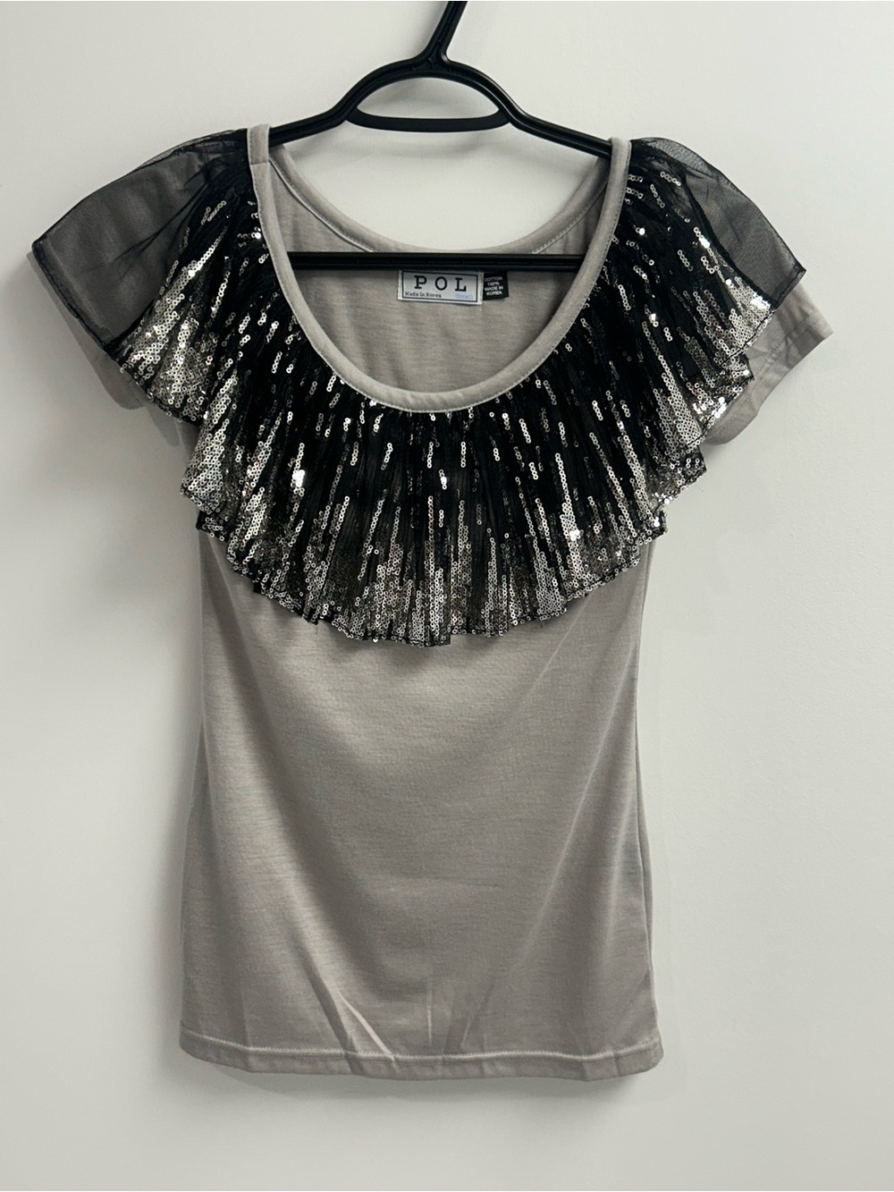 POL Silver Gray Short Sleeve Tee with Black Sequin Ruffle